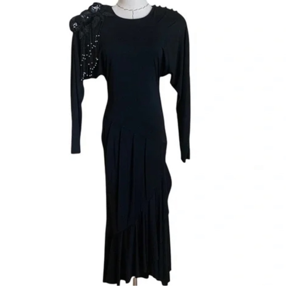 Casadei Vintage 1980s Black Dress Dramatic Dandling Beads & Sequins to Shoulder